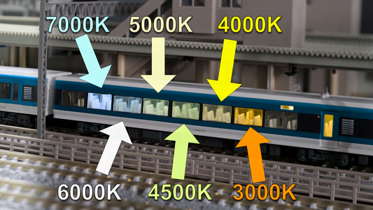 Zero Model 鐵道模型 | N scale model train interior light color temperature comparison guide, showing LED modification effects of 3000K warm white, 4000K, 4500K, 5000K cool white, 6000K, and 7000K daylight.