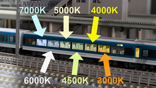 Zero Model 鐵道模型  | N scale model train interior light color temperature comparison guide, showing LED modification effects of 3000K warm white, 4000K, 4500K, 5000K cool white, 6000K, and 7000K daylight.